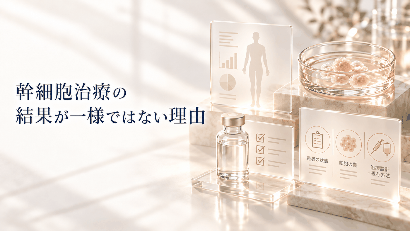 幹細胞治療の結果が一様ではない理由を、患者の状態・細胞の質・治療設計・投与方法の3要素で示したヒーロー画像