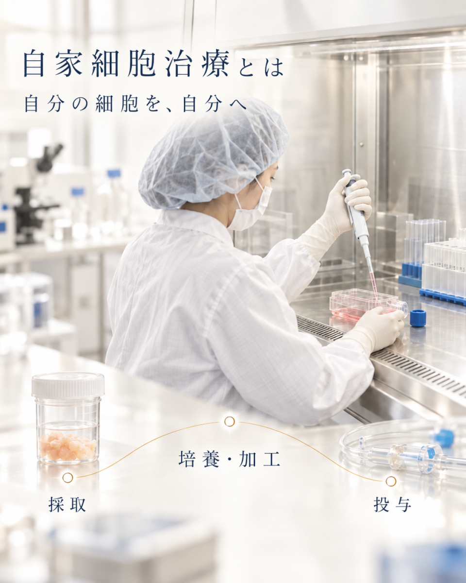 自分から細胞を採取し培養・加工したうえで自分へ投与する自家細胞治療の流れ