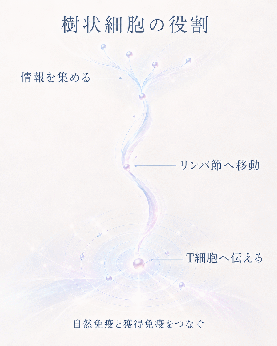 情報を集めてリンパ節へ移動し、T細胞へ伝える樹状細胞の役割を示す図解