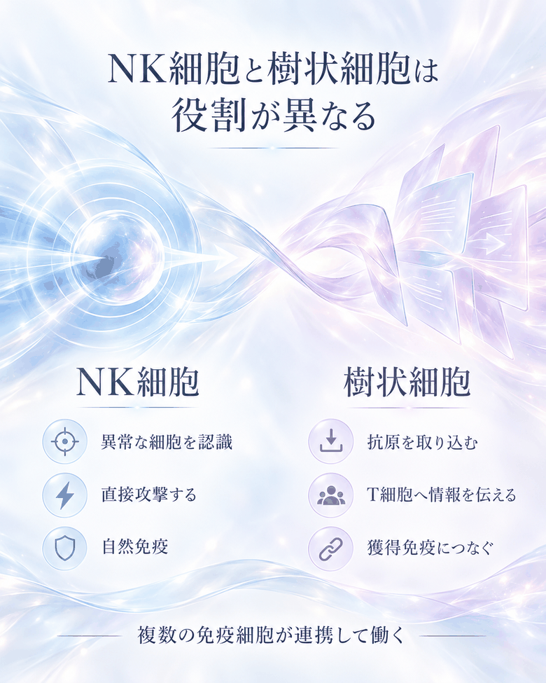 NK細胞と樹状細胞の役割の違いを、攻撃と情報伝達の対比で示した図解