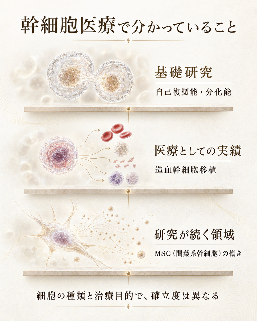 幹細胞医療で分かっている基礎研究、医療としての実績、研究が続く領域を整理した図解