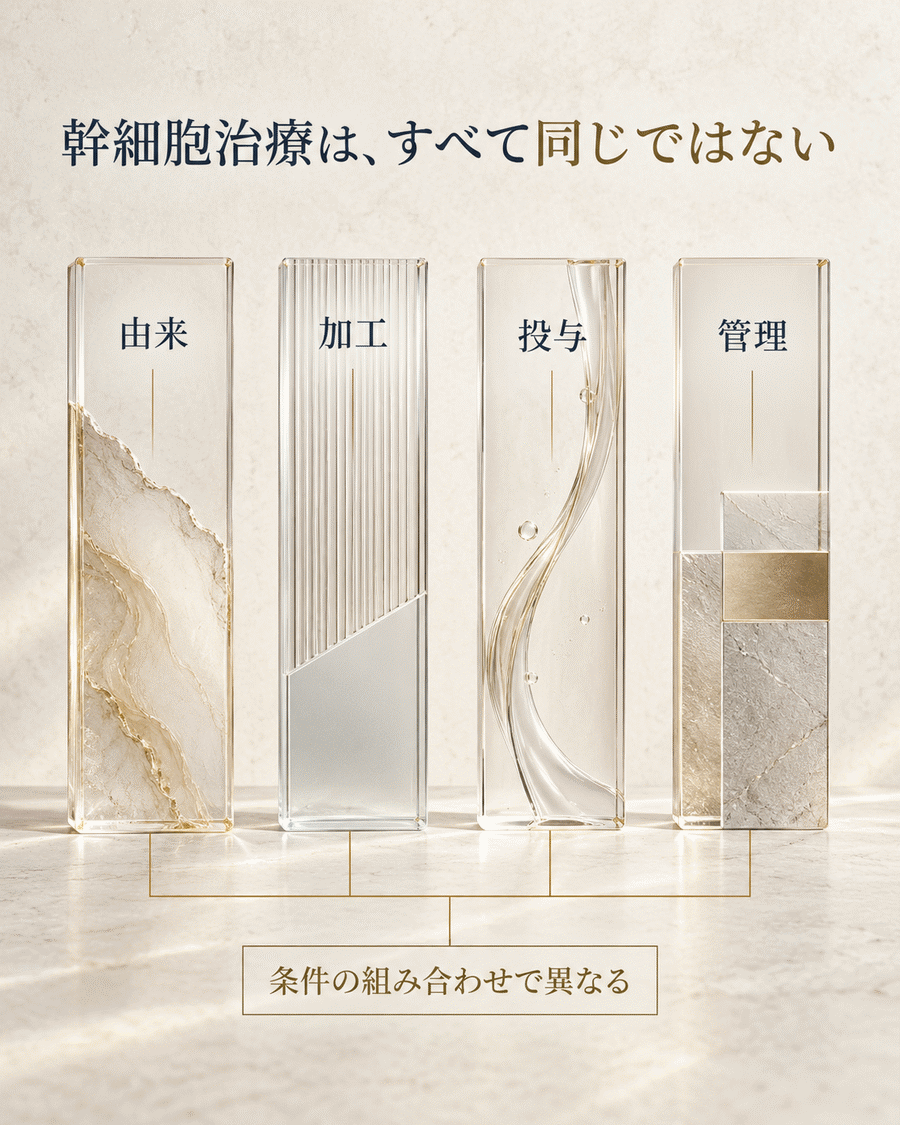 幹細胞治療の条件は細胞の由来・加工・投与・管理の組み合わせによって異なることを示す図解