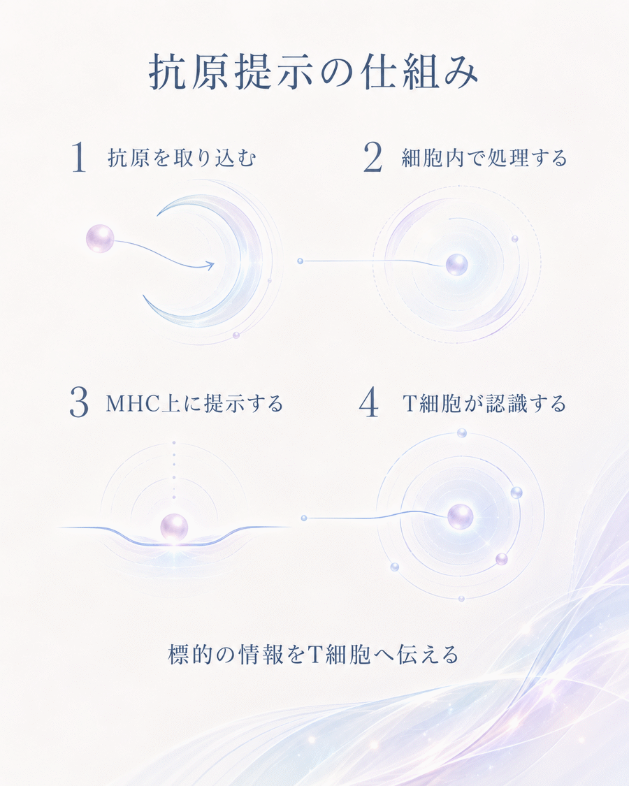 抗原を取り込み、処理してMHC上に提示し、T細胞が認識する流れを示す図解
