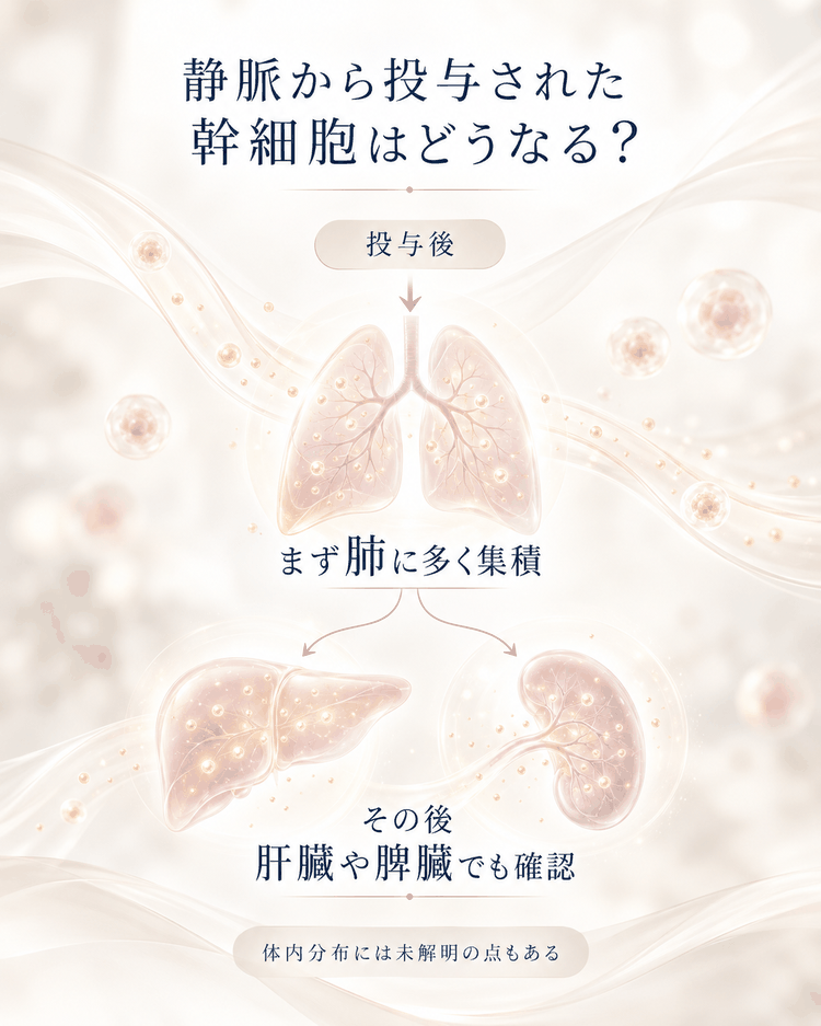静脈投与後の幹細胞がまず肺に多く集積し、その後に肝臓や脾臓でも確認される体内分布の考え方を示す図解