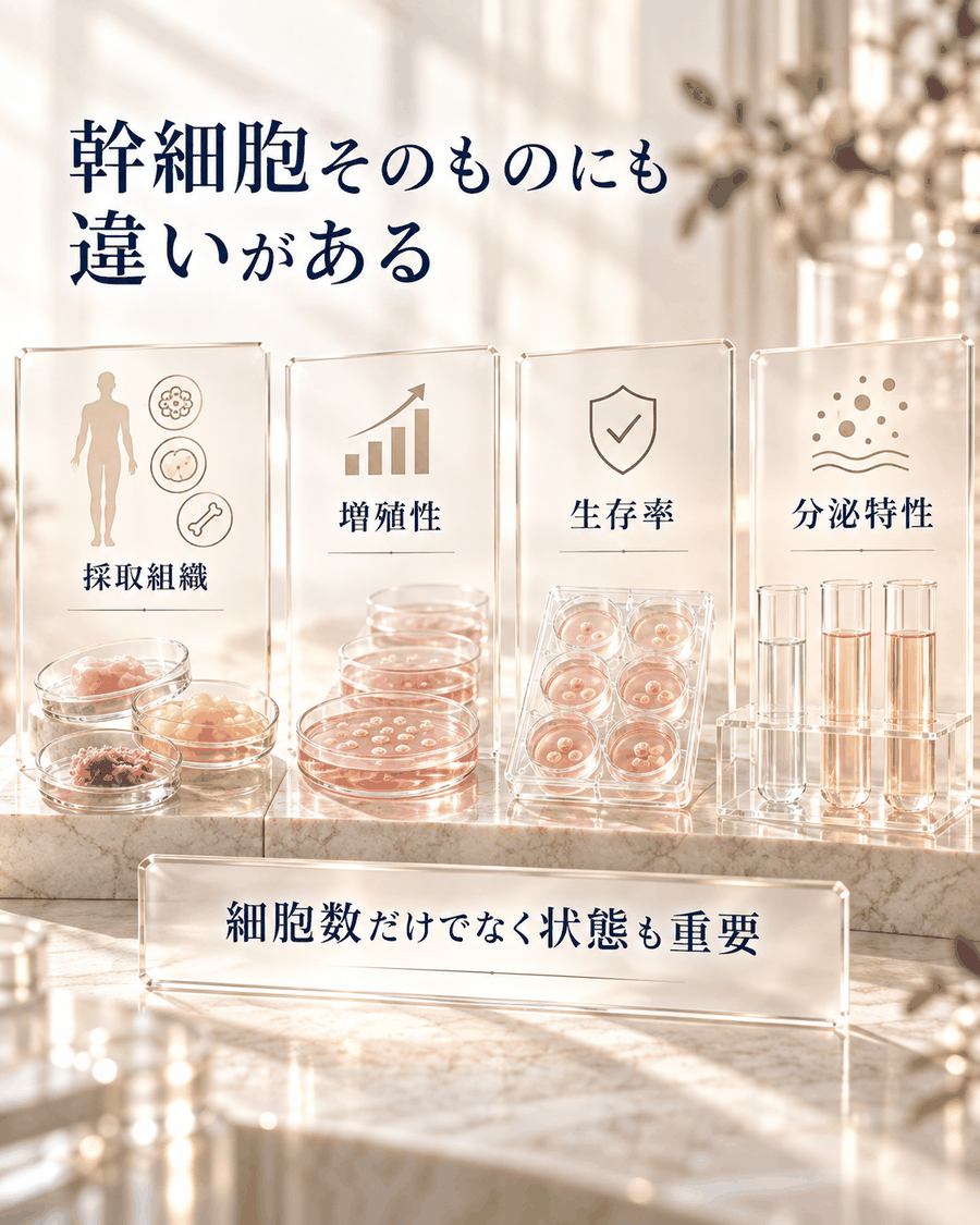 採取源や細胞の生存率、増殖性、性質など、幹細胞そのものの違いが治療結果に関わることを示す図解