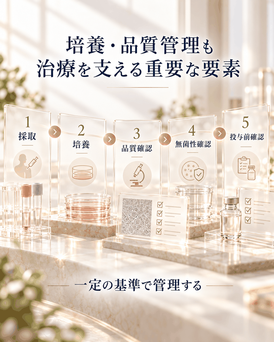 幹細胞治療における培養、品質管理、無菌性確認、投与前確認などの工程を示した図解