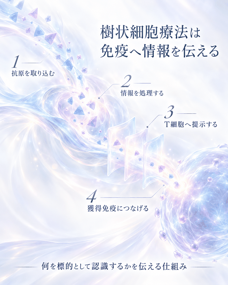 樹状細胞療法が抗原情報を取り込み、処理し、T細胞へ伝える流れを示した図解