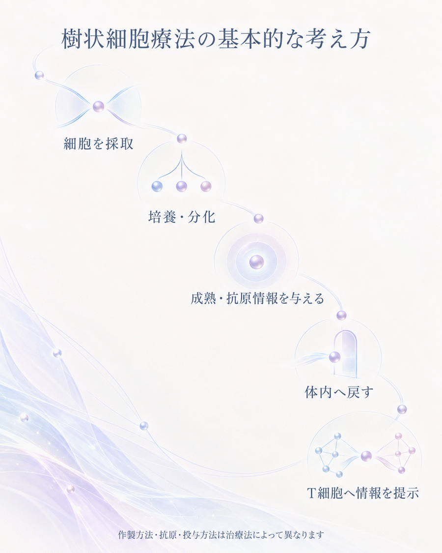 細胞採取から培養・分化、抗原情報の付与、体内への投与、T細胞への情報提示までの一般的な流れを示す図解