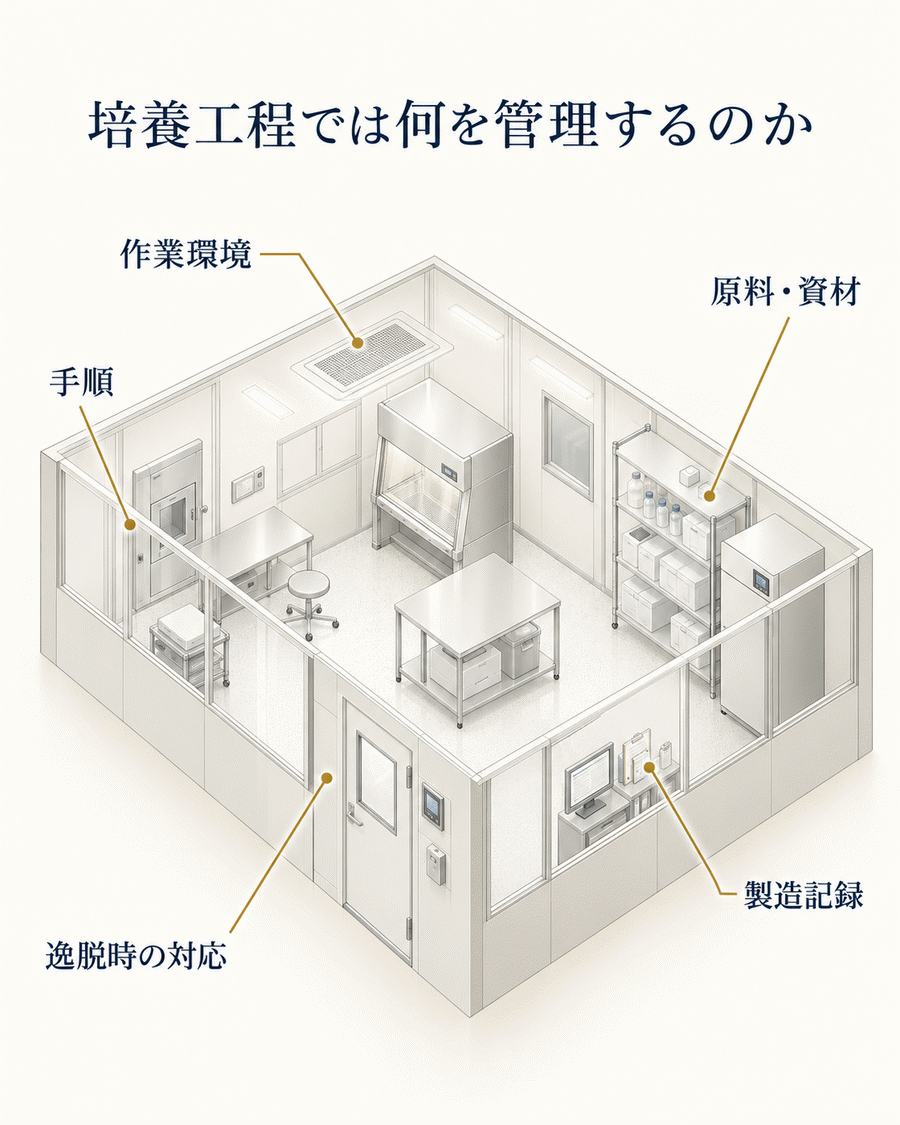 幹細胞の培養工程で作業環境・原料や資材・手順・製造記録・逸脱時の対応を管理することを示す図解