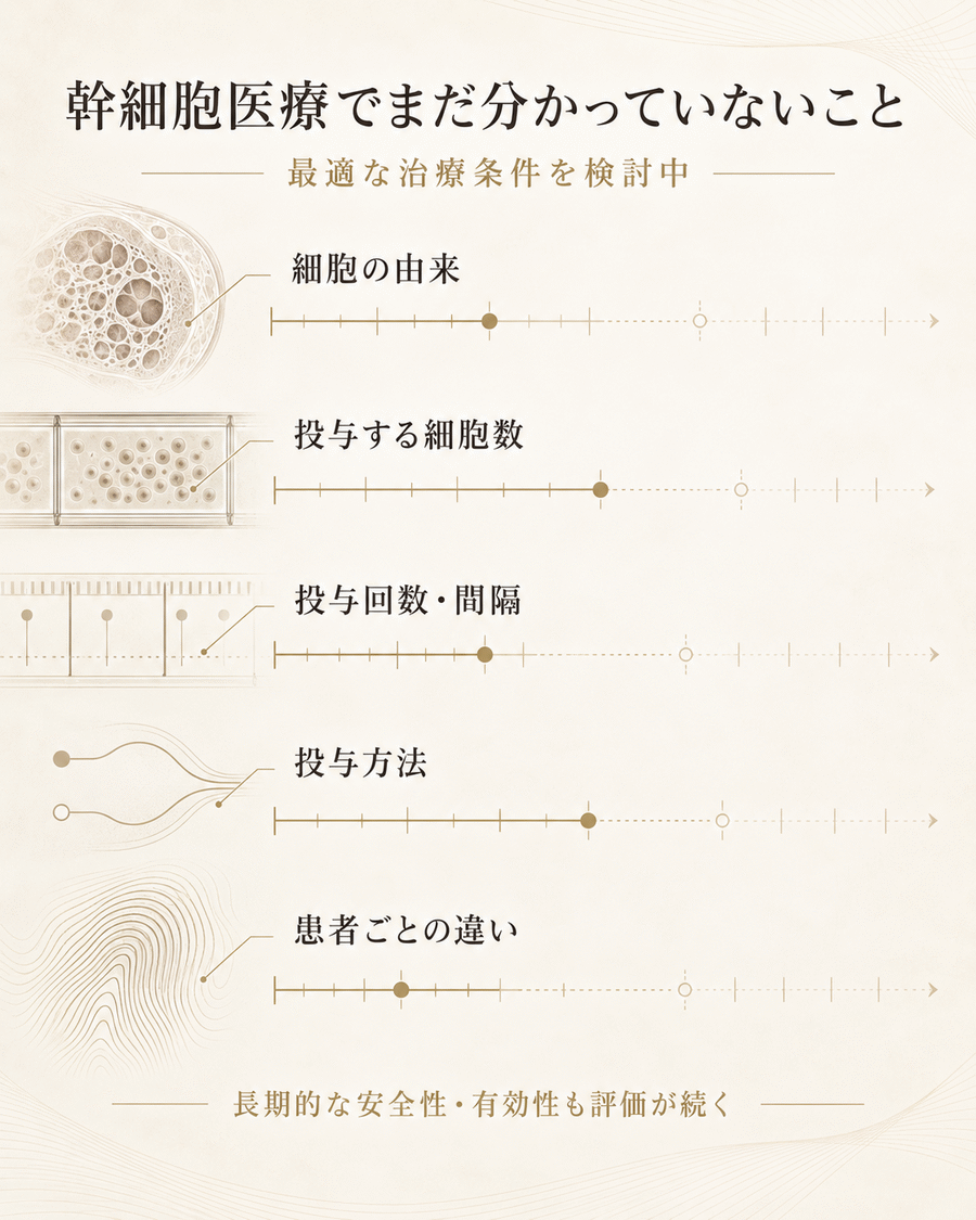 幹細胞医療で細胞の由来、細胞数、投与回数、投与方法、患者ごとの違いが研究中であることを示す図解