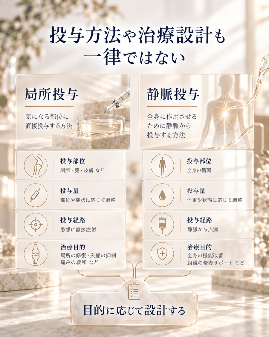 局所投与と静脈投与など、投与方法や治療設計の違いを比較して示した図解