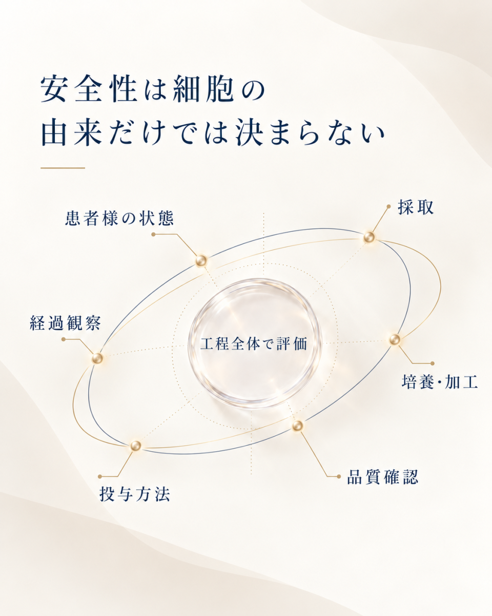 細胞の由来だけでなく採取・培養・品質管理・投与方法など治療全体で安全性を評価することを示す図解