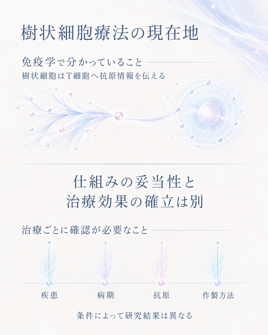 樹状細胞の免疫学的な役割と、治療効果が確立しているかどうかを分けて考える必要性を示す図解