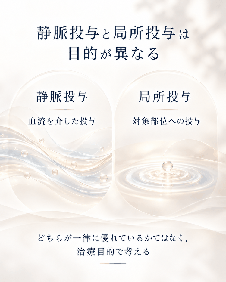 静脈投与と局所投与の違いを、血流を介した投与と対象部位への直接投与として比較した図解