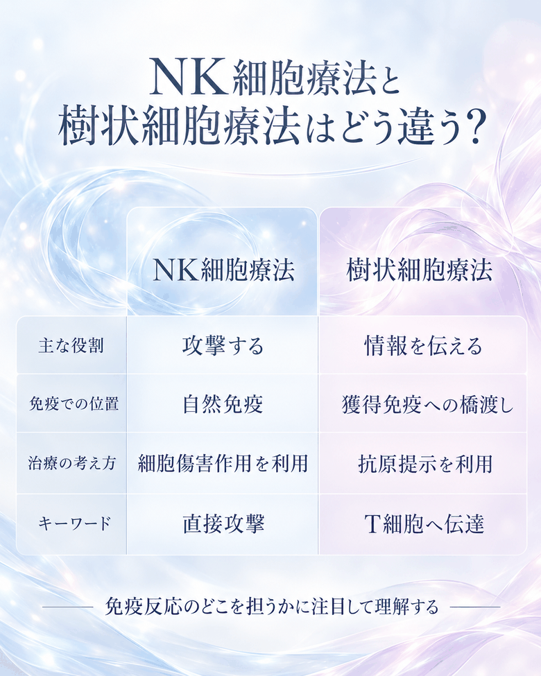NK細胞療法と樹状細胞療法の違いを、役割、免疫での位置、治療の考え方、キーワードで比較した図解