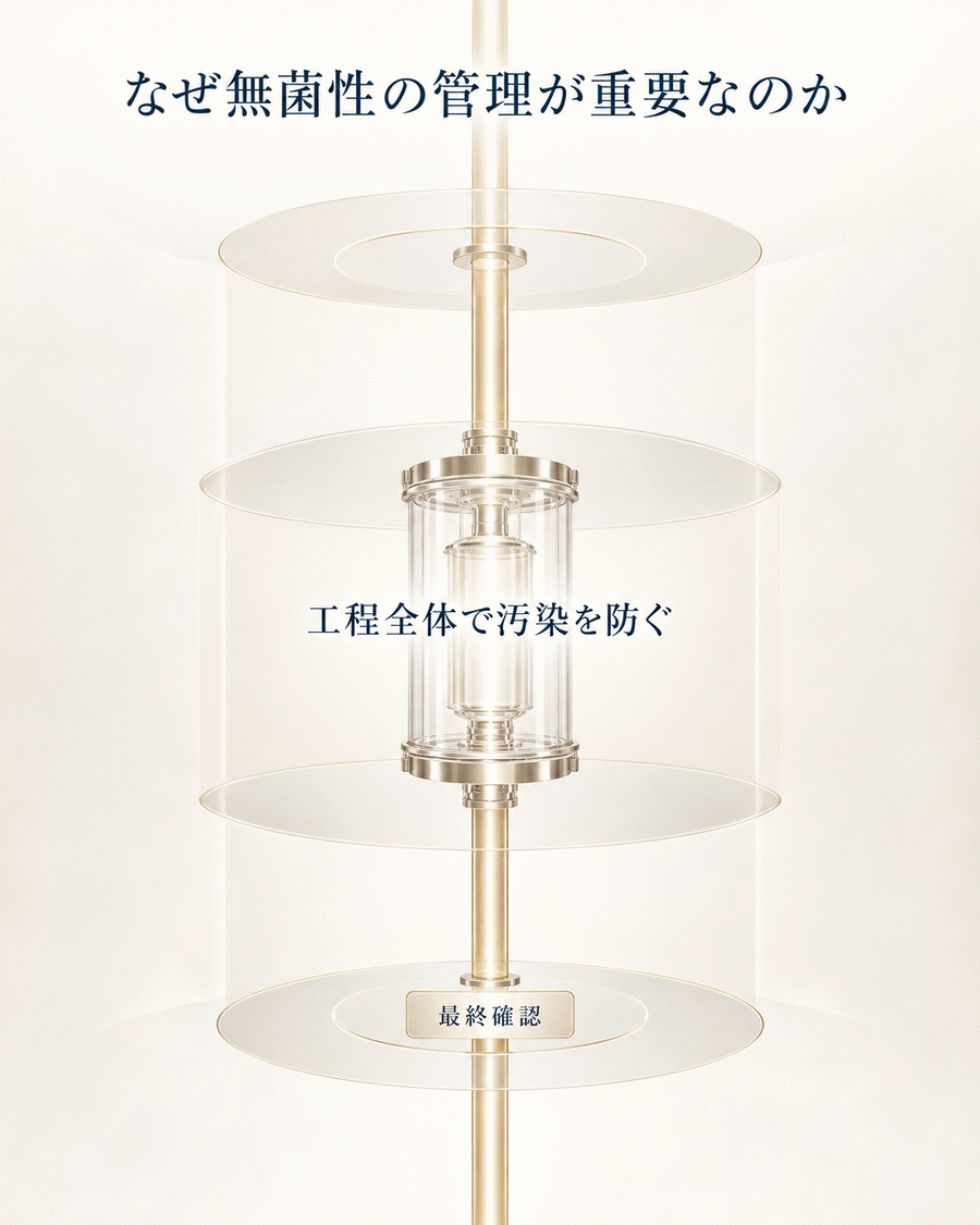 最終確認だけでなく製造工程全体で微生物汚染を防ぐ無菌性管理の考え方を示す図解