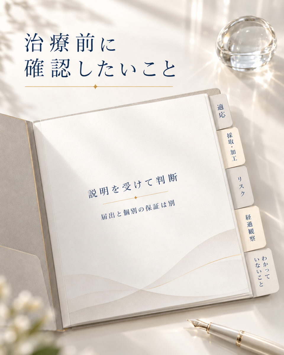 自家細胞治療を受ける前に治療内容やリスク、品質管理体制などを確認する重要性を示す図解