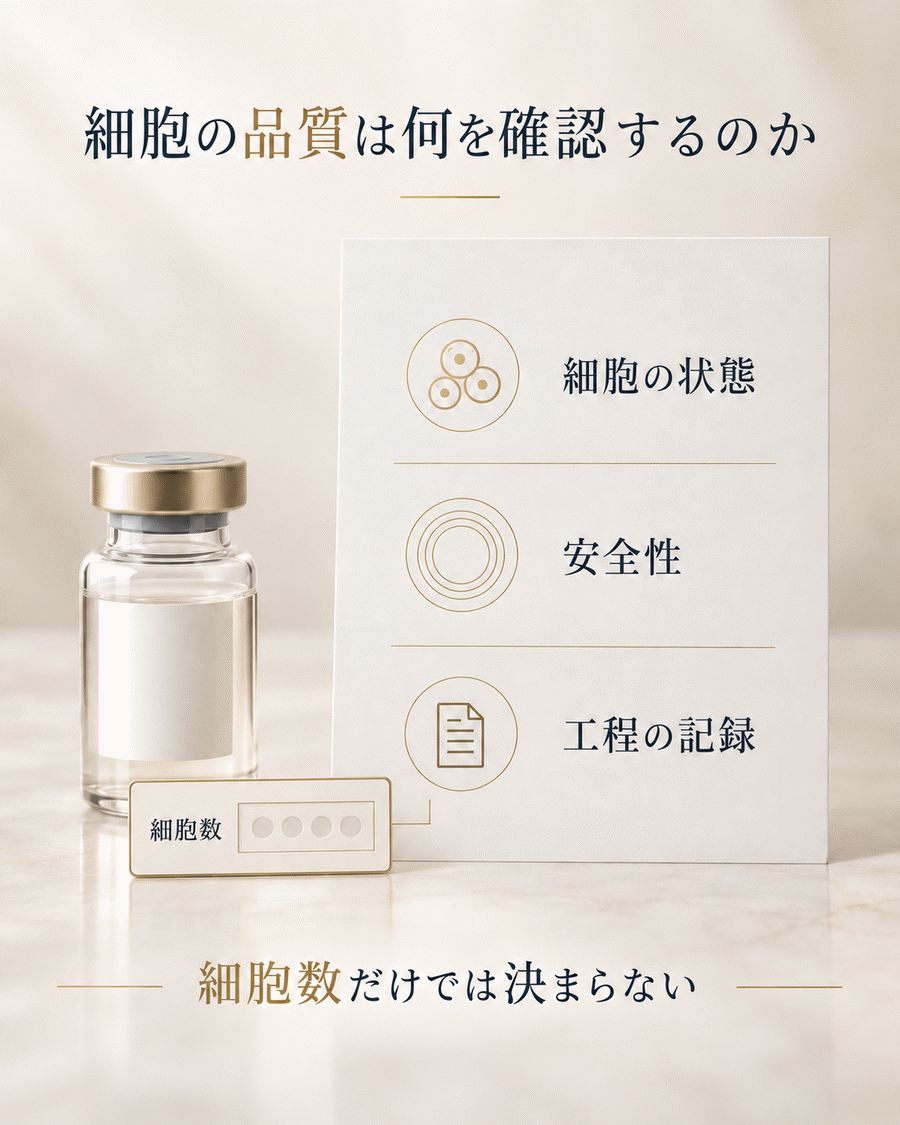 細胞の品質を細胞の状態・安全性・工程の記録など複数の項目から確認することを示す図解