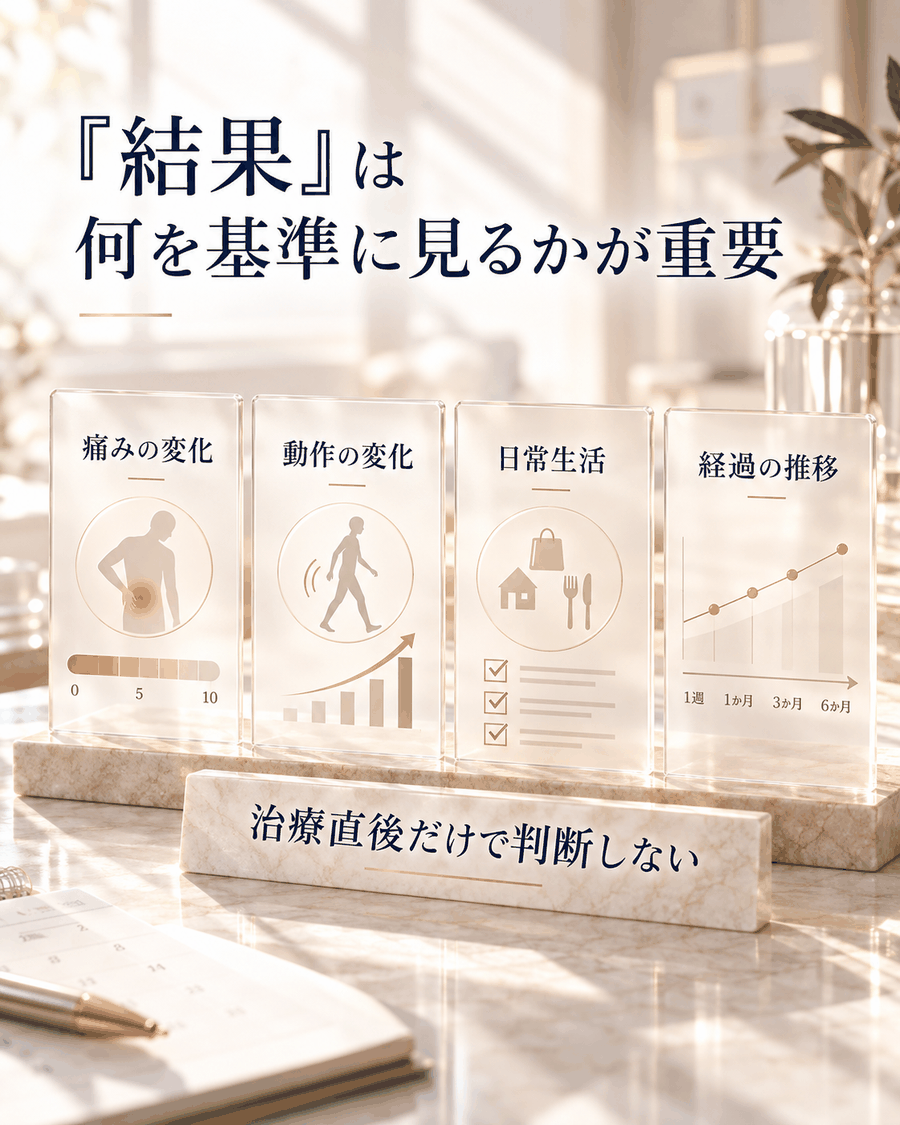 痛み、機能、日常生活、経過など複数の基準で治療結果を評価する考え方を示した図解
