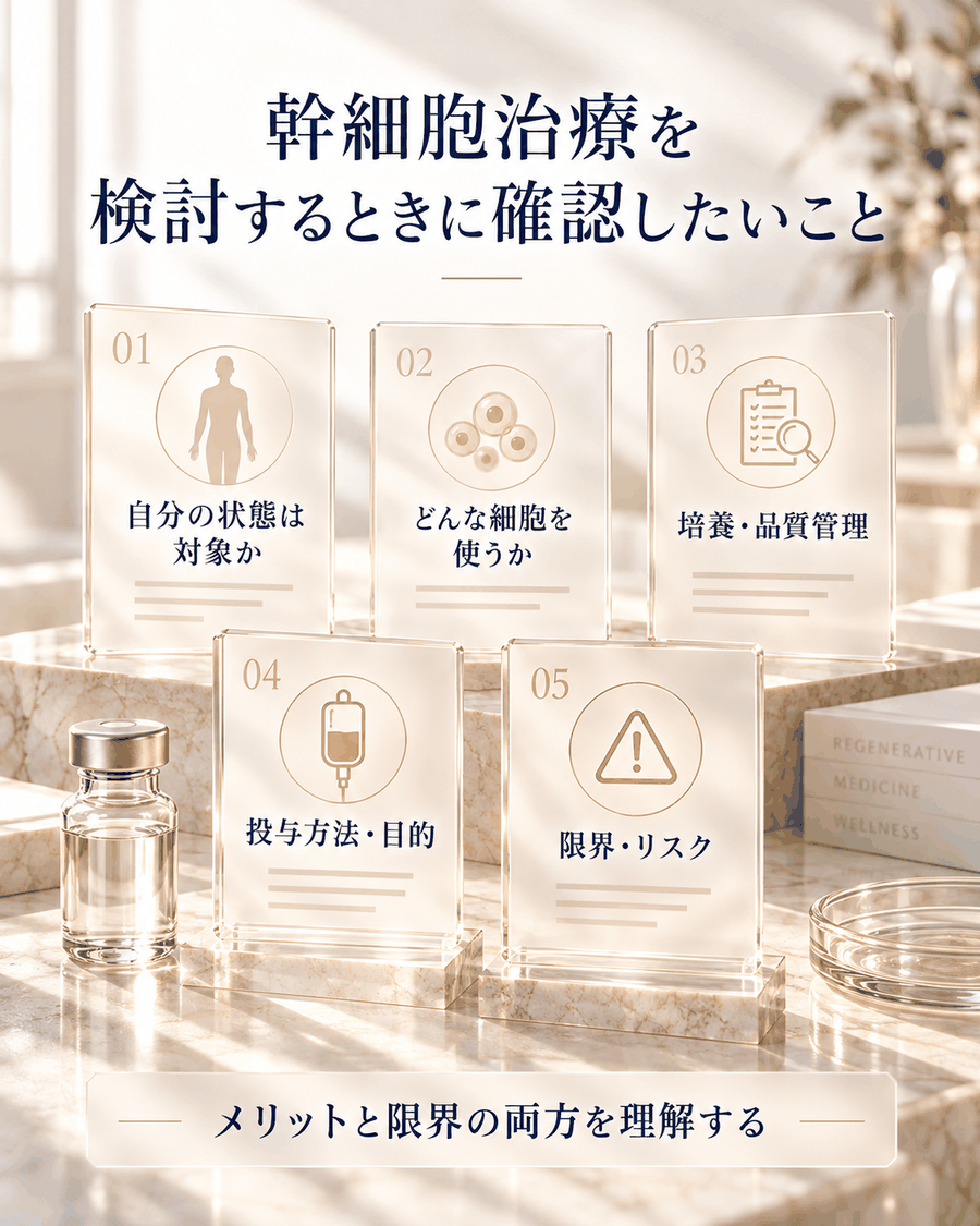 幹細胞治療を検討する際に確認したい五つの項目を示した図解
