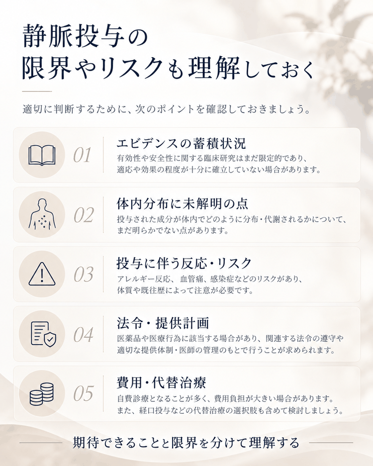 幹細胞の静脈投与を検討する際に確認したいエビデンス、体内分布、リスク、法令・提供計画、費用・代替治療を整理した図解