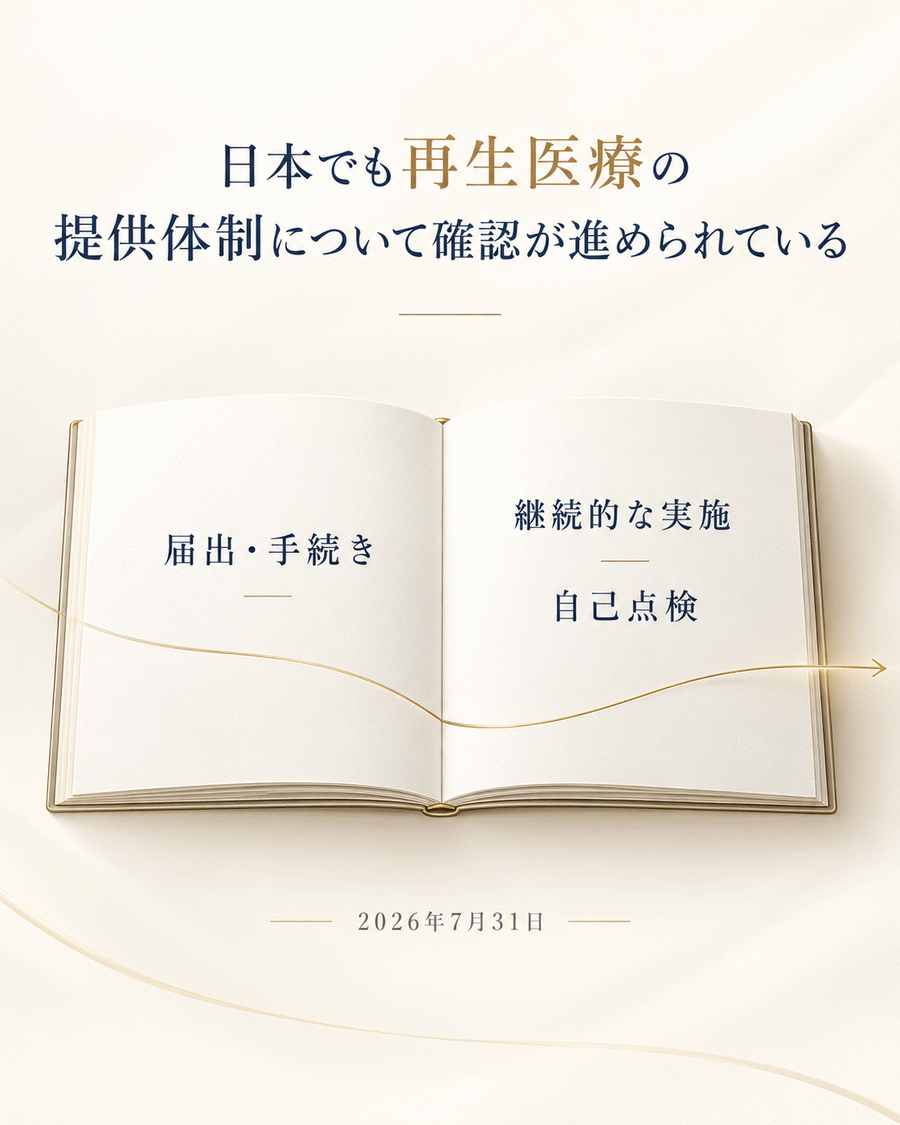 日本の再生医療では届出や手続きに加えて継続的な実施と自己点検が重視されることを示す図解