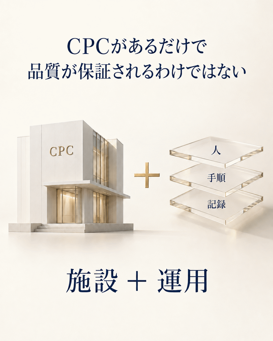 CPCという施設だけでなく人・手順・記録などの適切な運用が品質管理に必要であることを示す図解