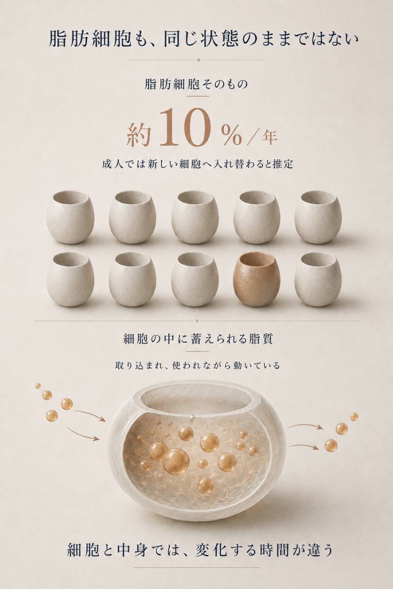 成人の脂肪細胞の約10％が1年間に入れ替わることと、細胞内の脂質も動いていることを示した図解