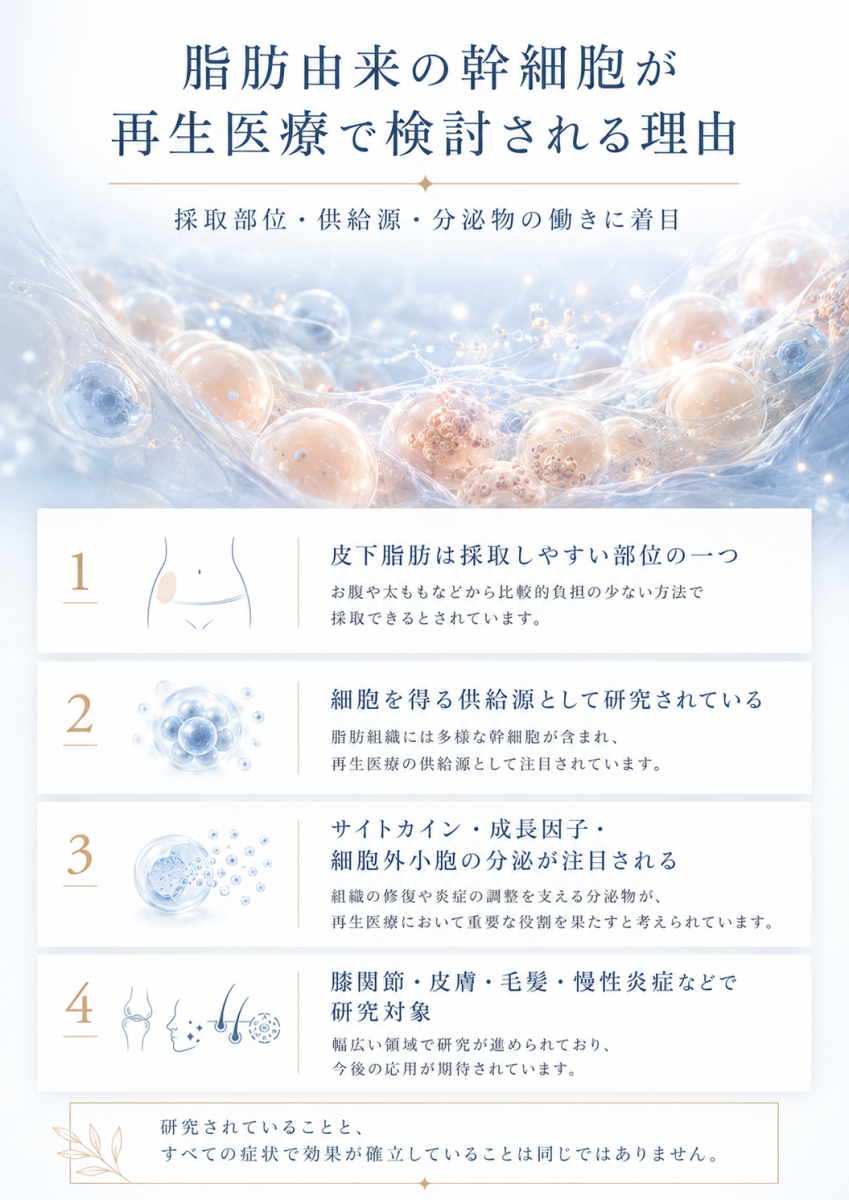 脂肪由来の幹細胞が再生医療で検討される理由として、採取部位、細胞の得やすさ、分泌物を介した働きを整理した図解