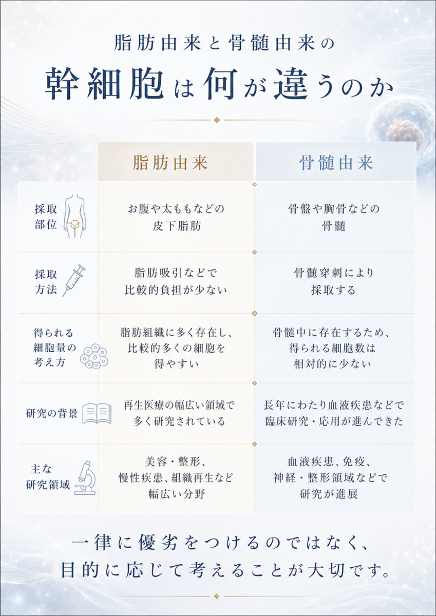 脂肪由来幹細胞と骨髄由来幹細胞の採取部位、採取方法、得られる細胞量、研究背景の違いを比較した図解