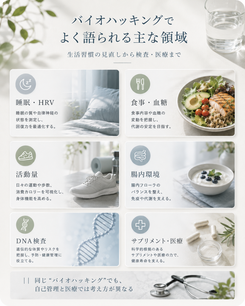 睡眠、心拍、HRV、食事、血糖、腸内環境、DNA検査など、バイオハッキングでよく語られる主な領域