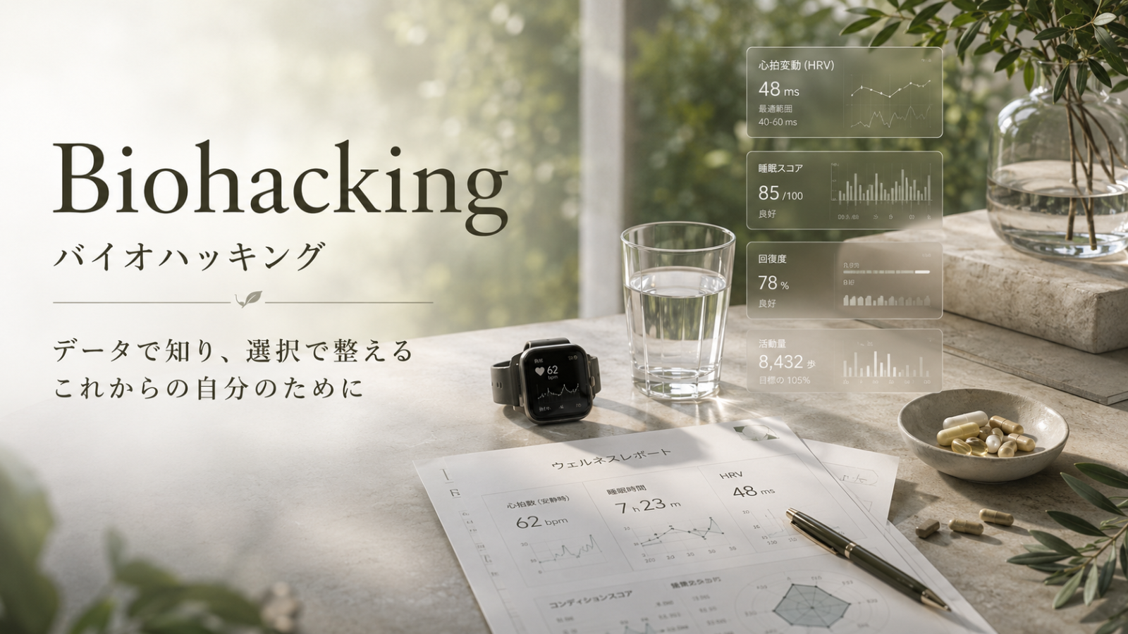 バイオハッキングをテーマに、健康データや生活習慣の見直しをイメージしたヒーロー画像