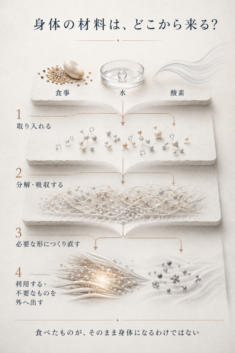 食事や水、酸素を取り入れ、分解・吸収して身体に必要な形につくり直す流れを示した図解