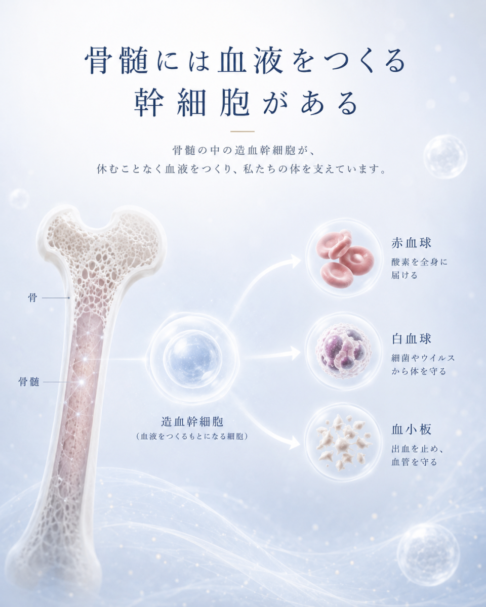 骨髄に存在する造血幹細胞から赤血球、白血球、血小板などの血液細胞が生み出される仕組みを示した図解
