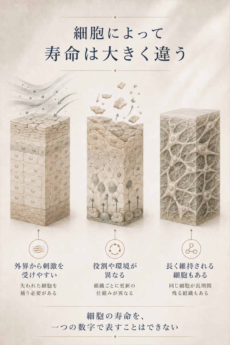 細胞の寿命や更新の仕組みが、細胞の役割や置かれている環境によって異なることを示した図解