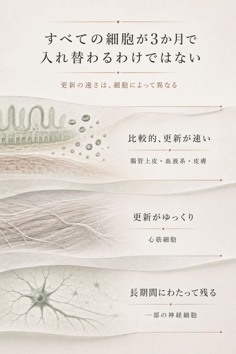 人間のすべての細胞が3か月で一斉に入れ替わるわけではなく、細胞によって更新速度が異なることを示した図解