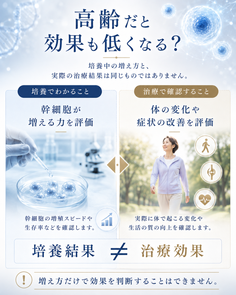 幹細胞の培養結果と実際の治療効果は同じではないことを比較して示した図解