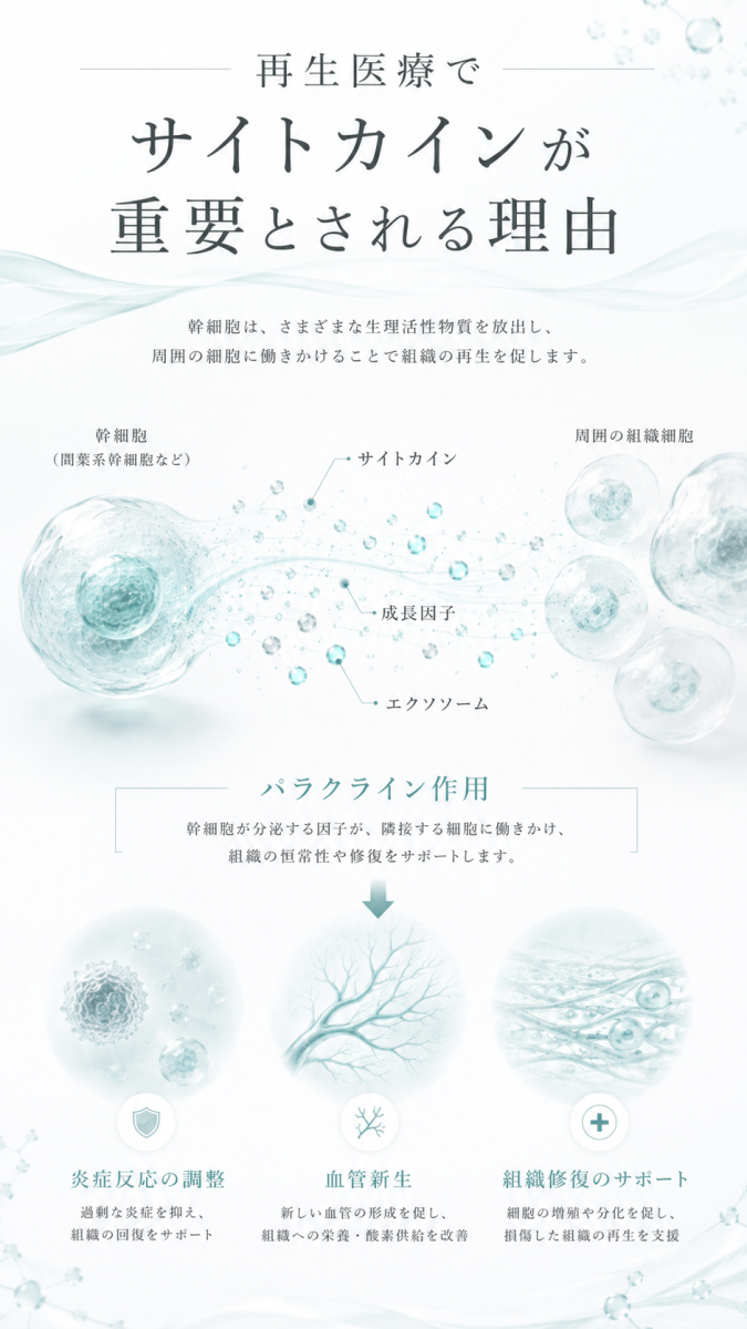 再生医療でサイトカインが周囲の細胞に情報を伝え、炎症調整や組織修復を支える理由を示した図解