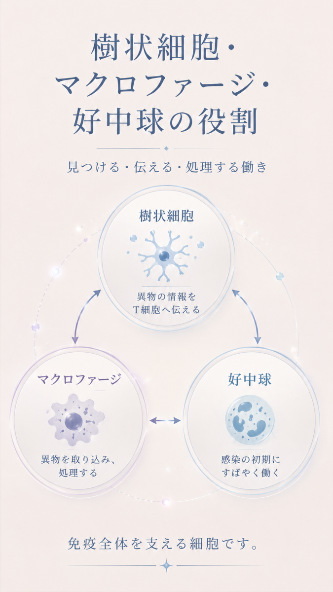 樹状細胞、マクロファージ、好中球の役割を解説した図解