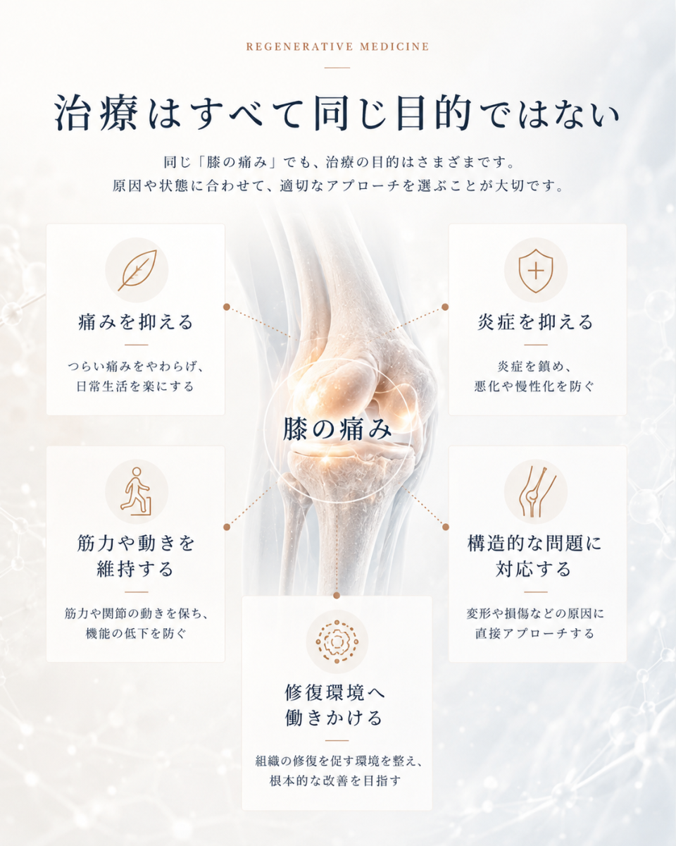 同じ膝の痛みでも、痛みや炎症の調整、動きの維持、構造への対応、修復環境への関与など治療目的が異なることを示した図解