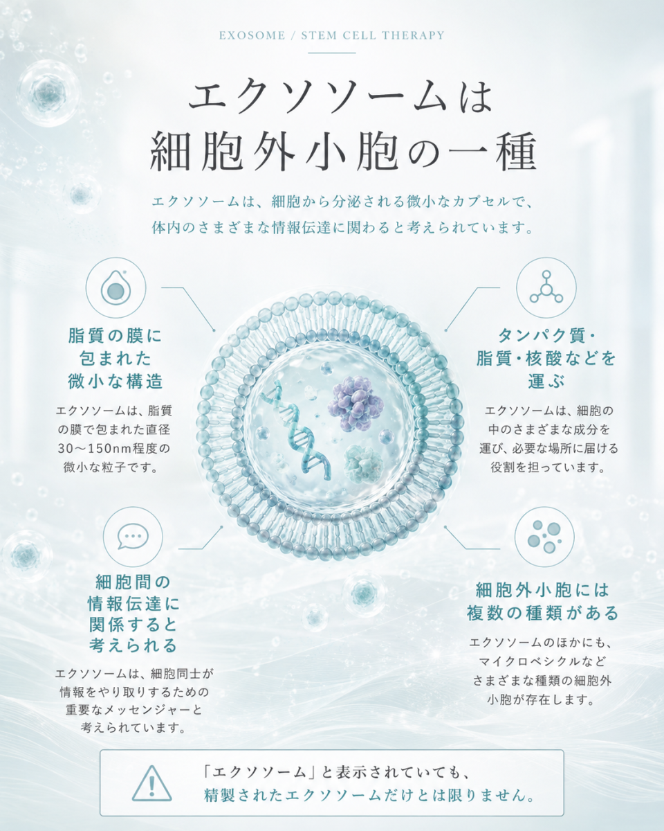 エクソソームが細胞外小胞の一種であり、脂質の膜に包まれた微小構造で情報伝達に関わることを整理した図解