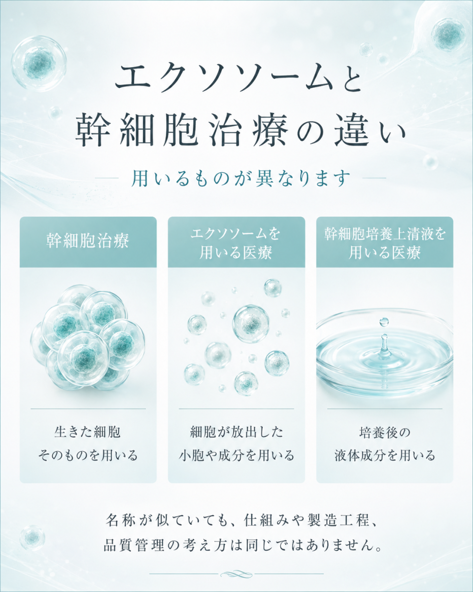 エクソソームを用いる医療、幹細胞治療、幹細胞培養上清液を用いる医療の違いを整理した図解