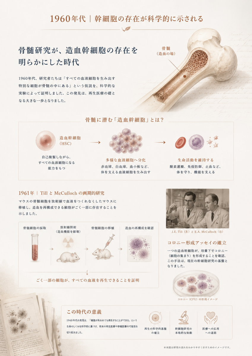 1960年代の骨髄研究とTill、McCullochらの研究から造血幹細胞の存在が示されていった流れを解説する図解