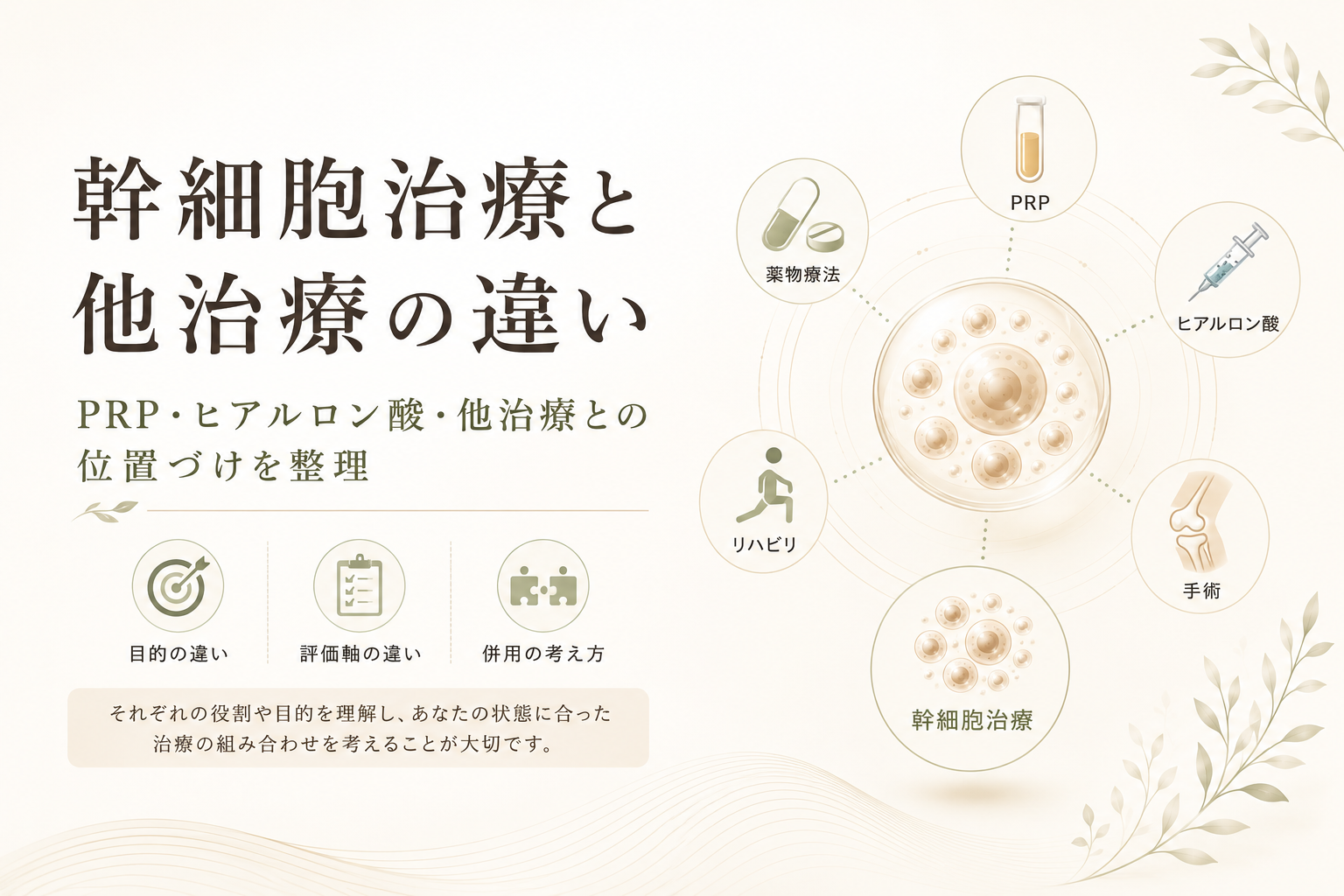 幹細胞治療とPRP、ヒアルロン酸、薬物療法、リハビリ、手術など他治療との違いや位置づけを整理した記事のヒーロー画像