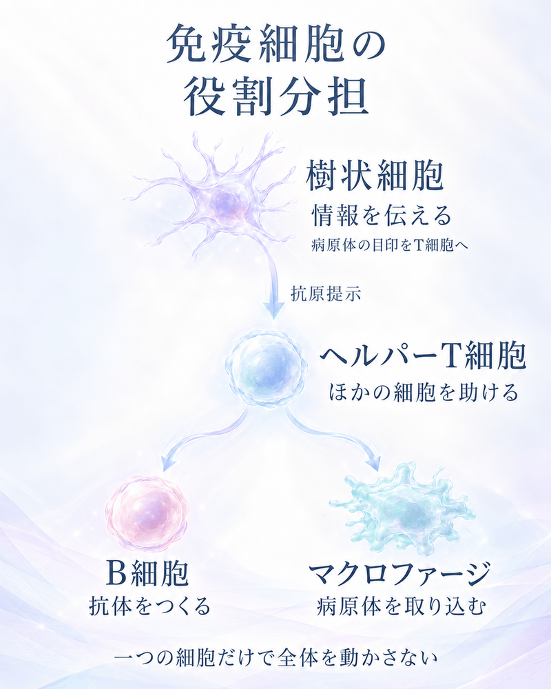樹状細胞による抗原提示とヘルパーT細胞によるB細胞・マクロファージへの支援を示した図解