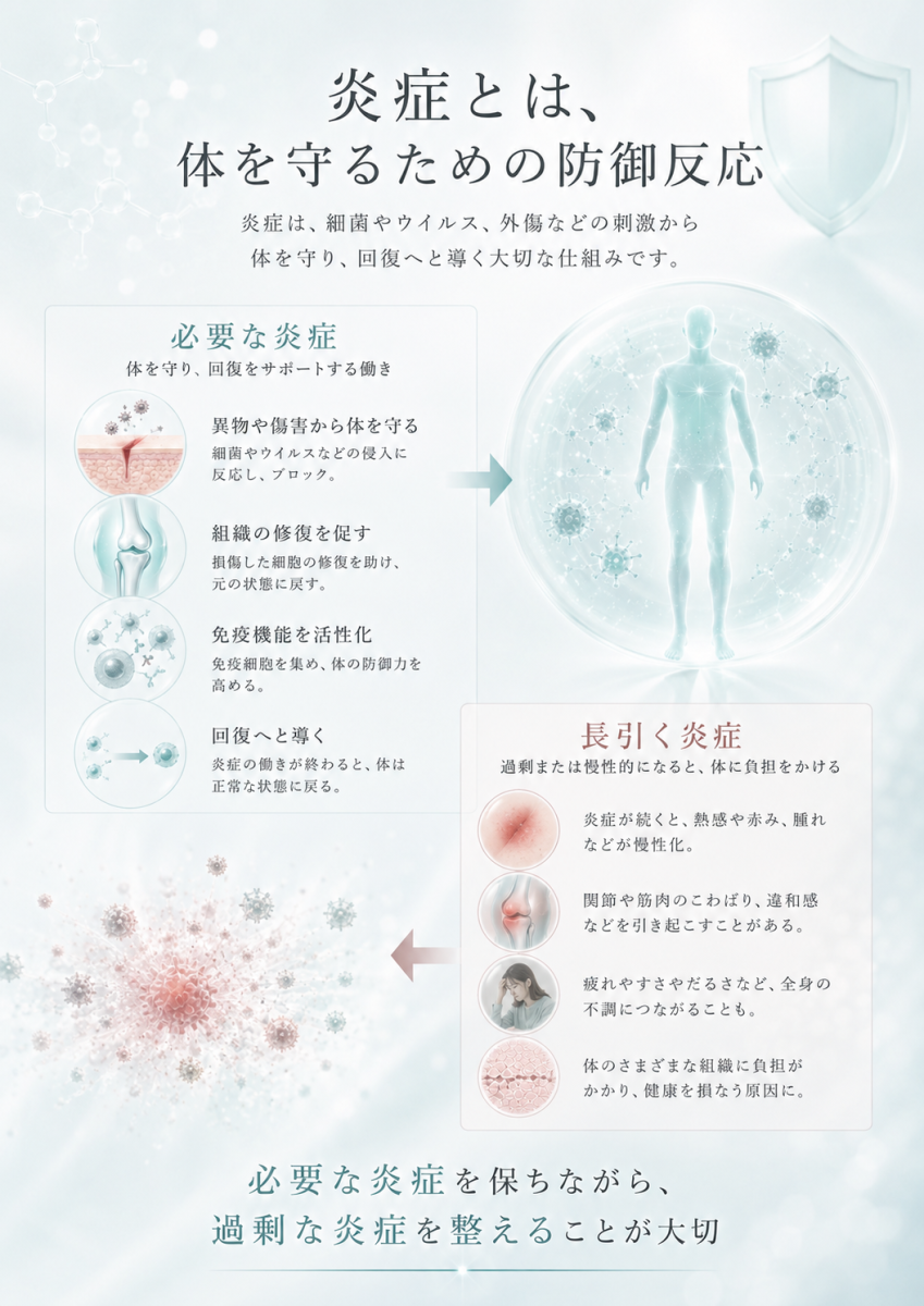 炎症が体を守るための防御反応であり、必要な炎症と長引く炎症の違いを整理した図解