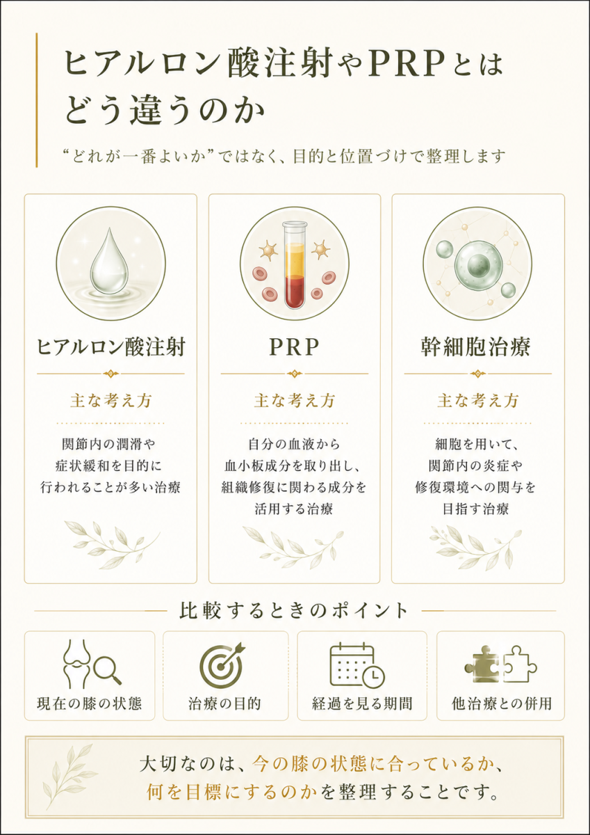 膝の治療におけるヒアルロン酸注射、PRP、幹細胞治療の目的や位置づけの違いを整理した比較図解
