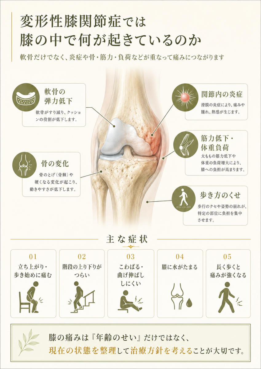 変形性膝関節症で膝の中に起こる軟骨の弾力低下、関節内の炎症、骨の変化、筋力低下、歩き方のくせなどを整理した図解