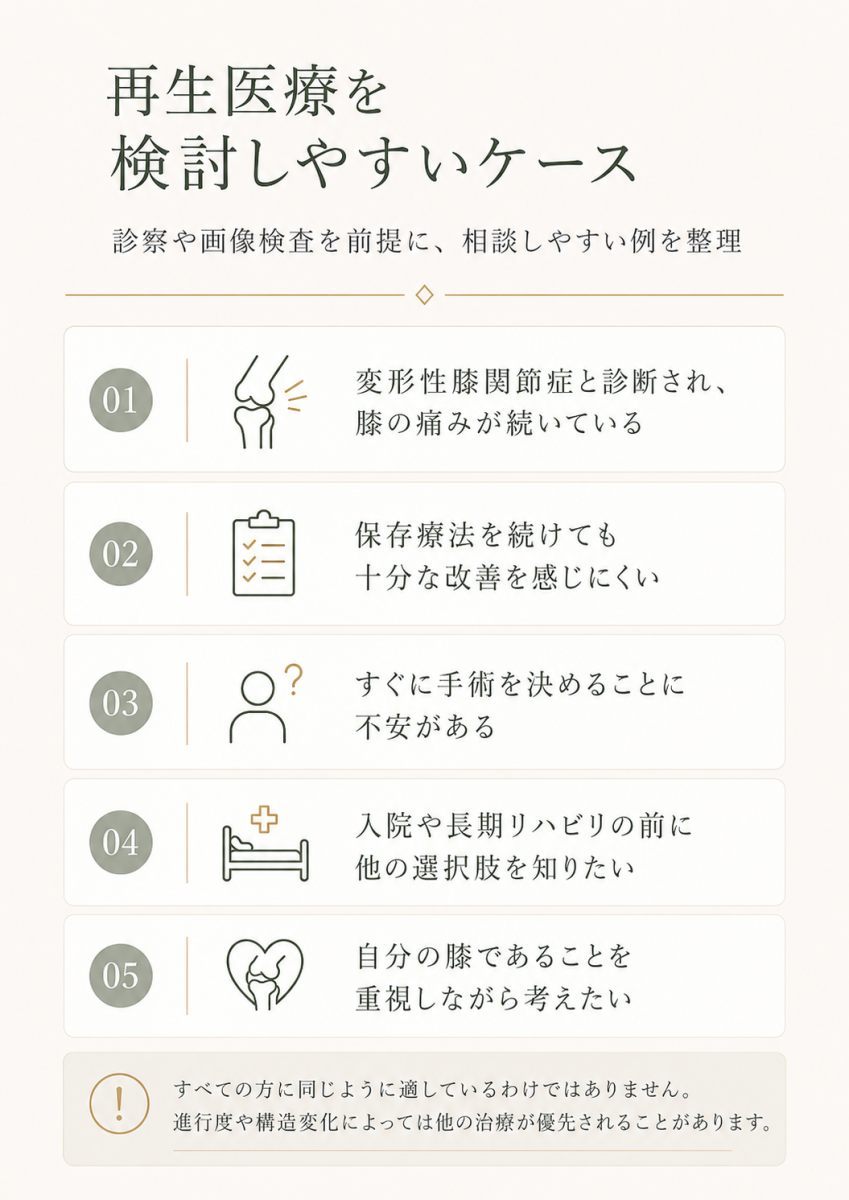 変形性膝関節症で膝の痛みが続く方や、保存療法で十分な改善を感じにくい方など、再生医療を検討しやすいケースを整理した図解