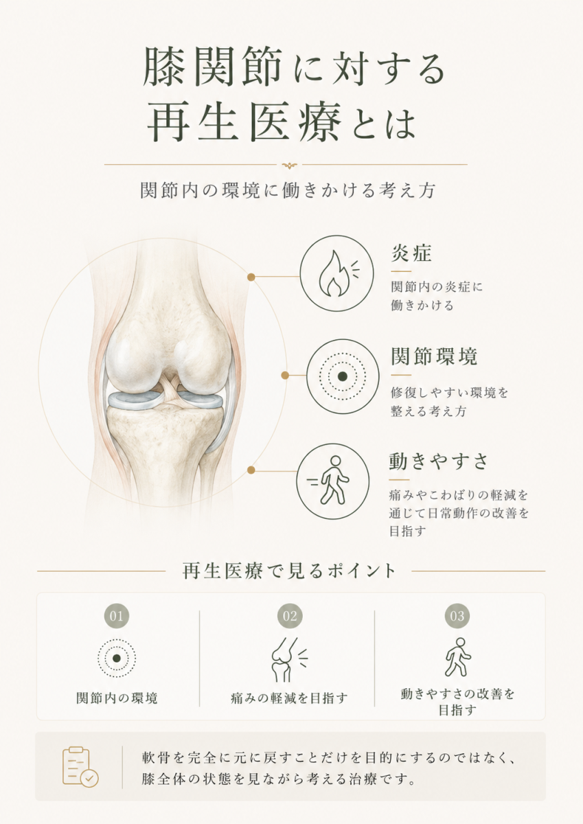 膝関節に対する再生医療について、関節内の環境、炎症、痛みや動きにくさへの働きかけを整理した図解